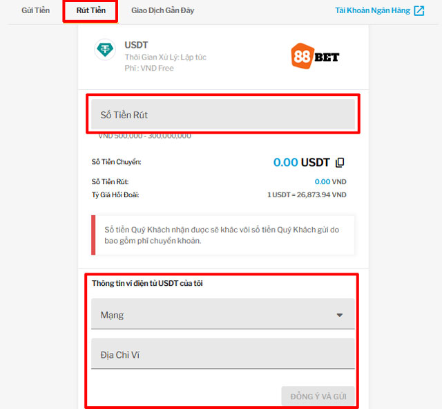 Giao diện rút tiền TAPTAP bằng USDT